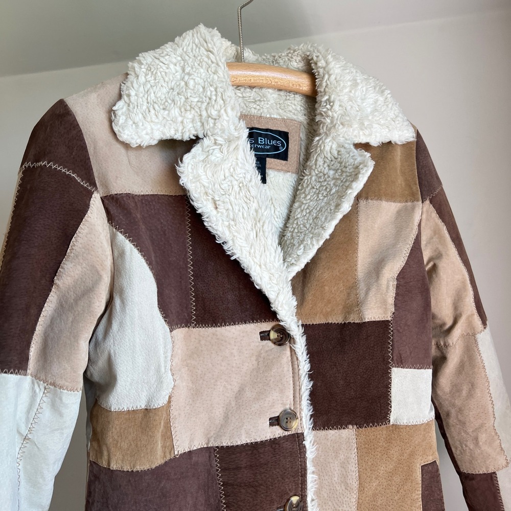 Vintage 90s Patchwork Suede Leather Jacket Trench Coat Brown Boho Penny Lane - Picture 8 of 9